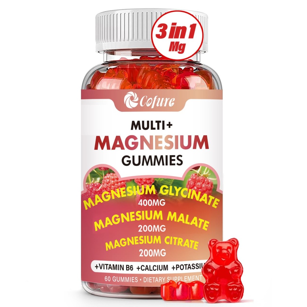 Triple Magnesium Complex Gummies for Adults, Magnesium Glycinate, Citrate, Malate with Potassium, Calcium, Vitamin B6 for Calm, Sleep & Muscle - Vegan, Raspberry, 60 Count