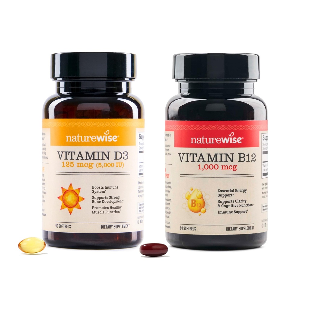 NatureWise Vitamin D3 5000iu, B12 1000mcg Mental Clarity Energy Support Immune Health Non-GMO Gluten Free Olive Oil Softgels