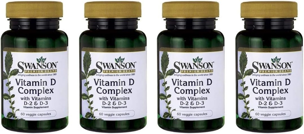 Swanson Vitamin D Complex with Vitamins D2 & D3 - Complete Sunshine Vitamin Complex for Bone, Dental & Имунно здраве - Витаминен добавка (50 mcg, 60 Veggie капсули) 4 пакет