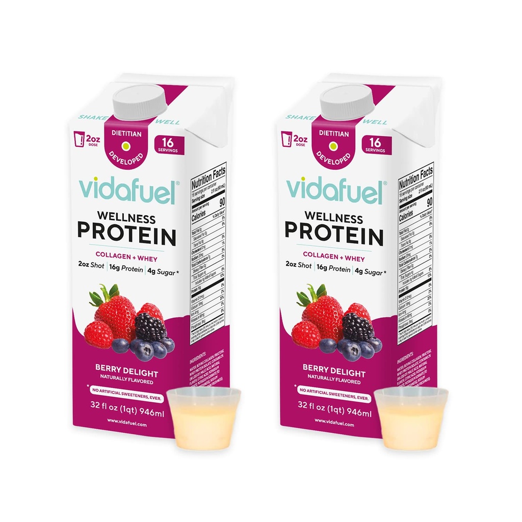 Vidafiel Wellness Protein uống, 16g Protein per 2oz Shot, 32 fl oz Carton, 2 Pack, berry, Colgen và Whey uống, không nhân tạo Sweetners