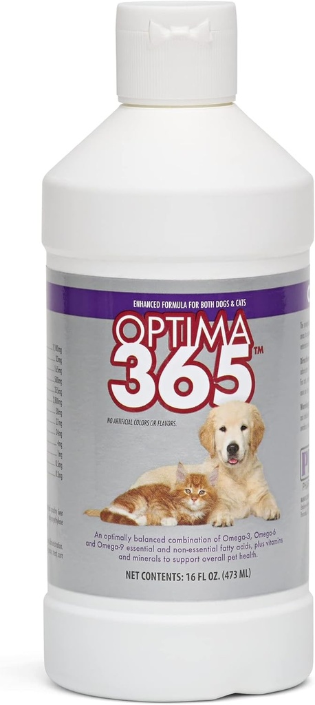 PRN Pharmacal OPTIMA 365 - תוספי מזון שומניים חיוניים עבור חתולים וכלבים - עם אומגה 3, אומגה-6, אומגה-9, ווויטמינים ומינרלים אחרים כדי לתמוך בבריאות הכללית - 16 Fl Oz