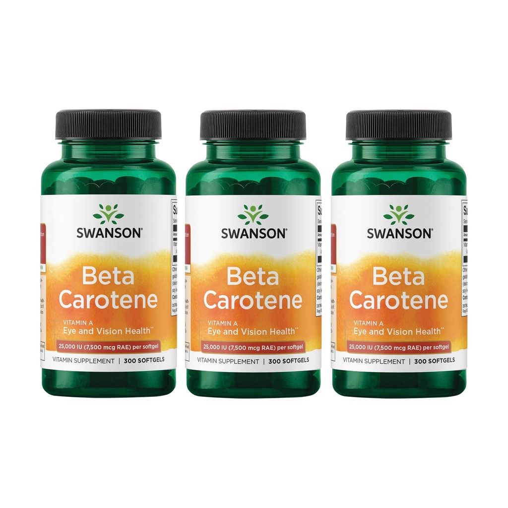 Swanson Beta-Carotene Vitamin A 25,000 IU Eye and Skin Health Supplement for Adults Seeking Vision and Immune Support - 7,500 mcg (300 Softgels, 3 Pack)