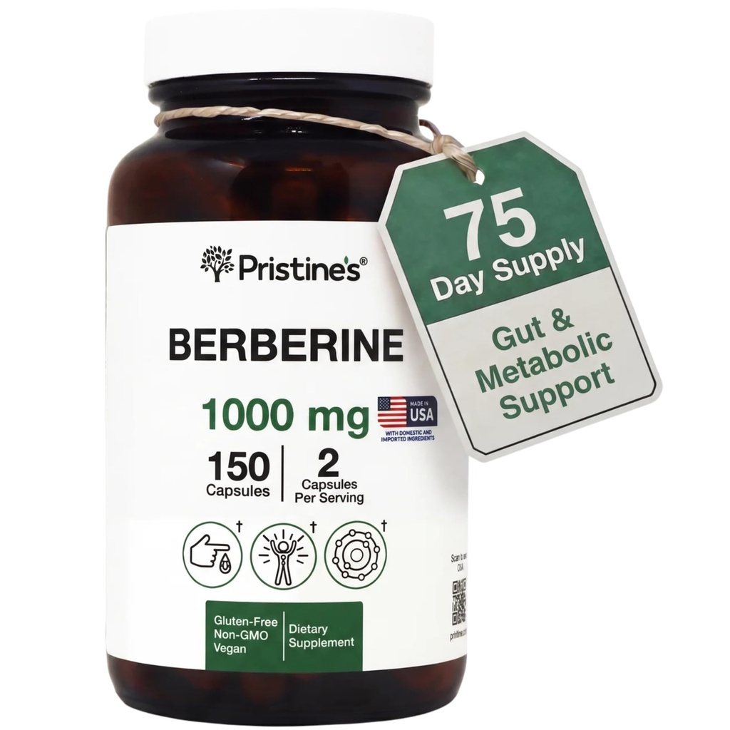 PRISTINE'S Berberine 1000 MG Supplement Capsules - 75 Day Supply 150 Capsules - Heart, & Immunity Health Support Antioxidant - Digestive Tract & Healthy Gut Flora Support Glass Bottle