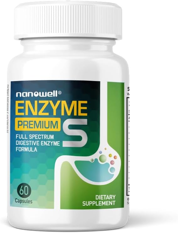 NANOWELL Enzyme Premium S - Prebavni Health Multi-Enzyme dodatek z 10 Encimi, vključno z Bromelainom in Papain - 60 Kapsule, 60-dnevno oskrbo