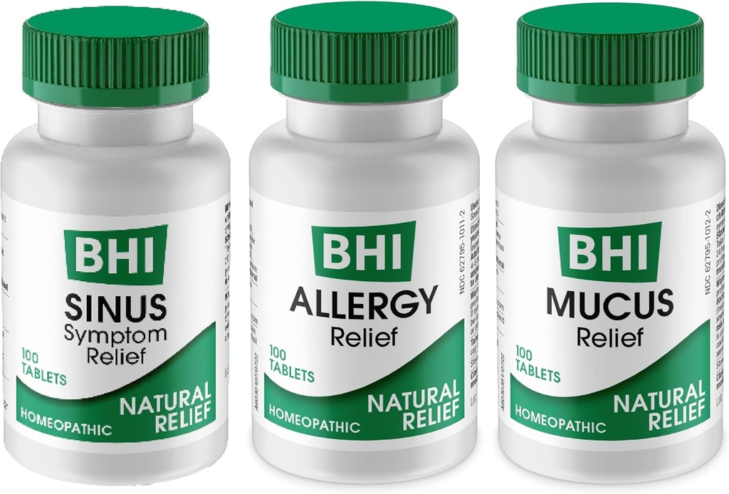 MediNatura BHI Multi Symptom Flare-Up Defense Bundle Sinus Relief Tablets (100) Mucus Relief Tablets (100) + Alerxias Relief Tablets (100) Socorro Homeopática - Acción rápida, Dissolvente rápida