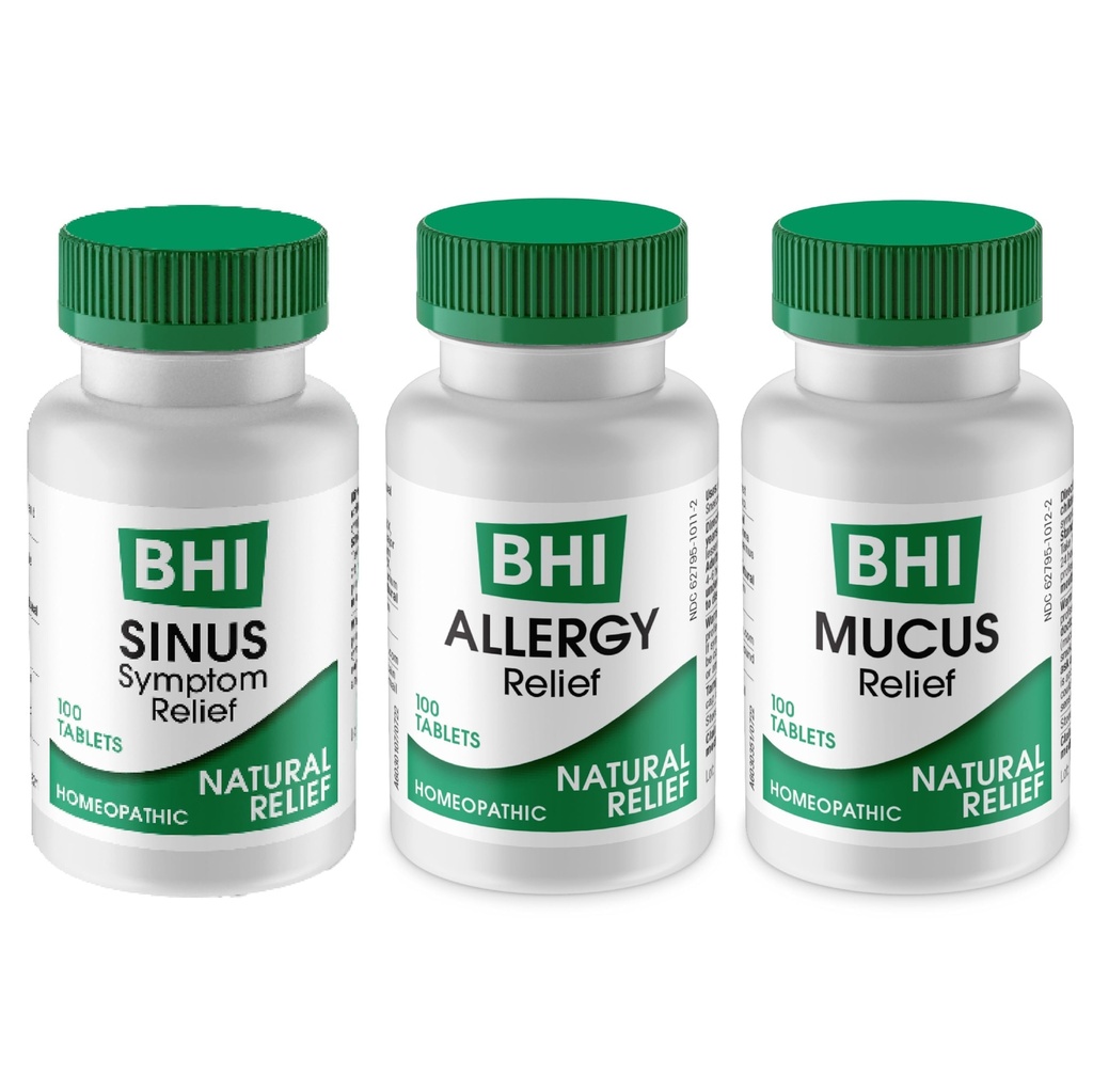 MediNatura BHI Multi Symptom Flare-Up Defense Bundle Sinus Relief Tablets (100) Mucus Relief Tablets (100) + Allergy Relief Tablets (100) Homeopathic Relief - Fast-Acting, Quick-Dissolve
