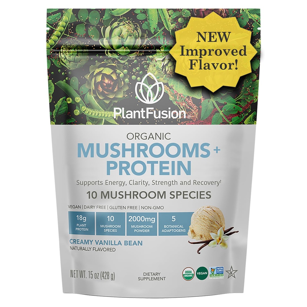 PlantFusion Mushroom Protein Powder - 3 in 1 Vegan Protein Powder, Mushroom Supplement, and Adaptogen Supplement - Support Mental Focus, Immunity, and Recovery - Vanilla 1lb