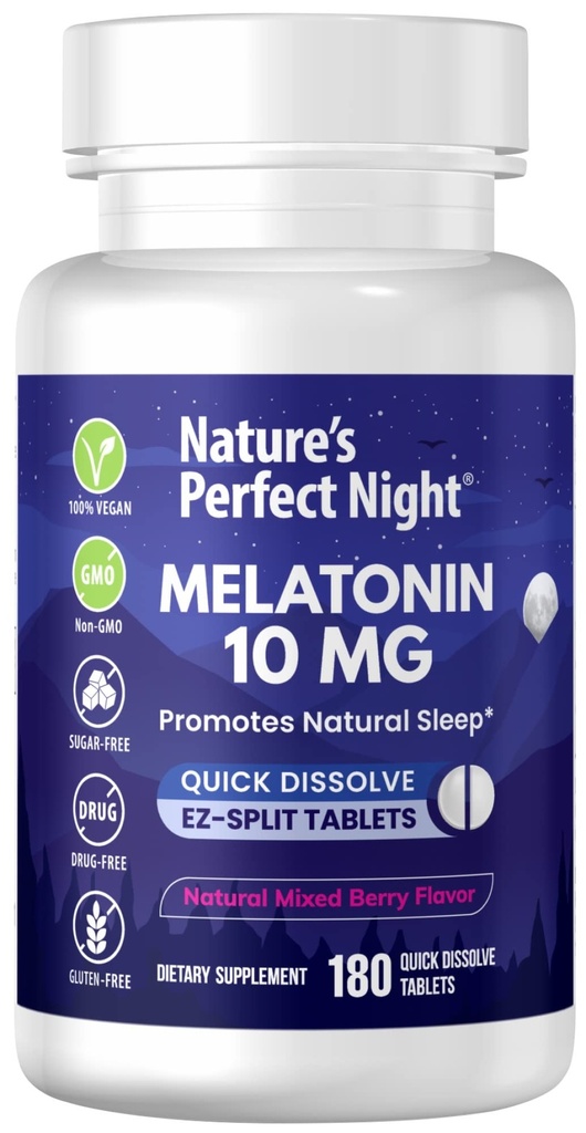 Nature's Perfect Night | Melatonin 10mg | 180 Quick Dissolve Tablets | Natural Mixed Berry Flavor |High Potency | Sugar Free | Vegan | Gluten Free | Value Size