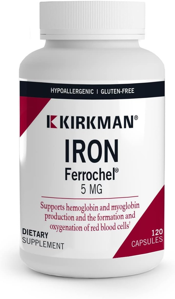 Kirkman - Iron Ferrochel 5mg - 120 Capsules - Aids Hemoglobin & Myoglobin Production - Supports Red Blood Cells Formation - Hypoallergeen