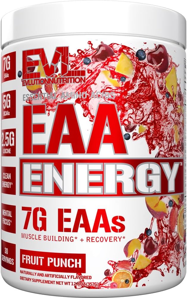 Evlution Nutrition EAA Energy - Pre " Post Workout Powder - Muscle Building " Recovery Supplement - 7g Essential Amino Acids + 5g BCAAs - Clean Energy - with Caffeine - 30 Servings - Fruit Punch