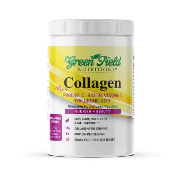 Greenfield Nutritions Halal Collagen Peptides Powder - 9g Halal Protein Probiotic, Biotin, Hyaluronic Acid & Vitamin C - 277g Halal Collagen for Women & Men - Supports Hair, Skin, Nails, Joints & Gut