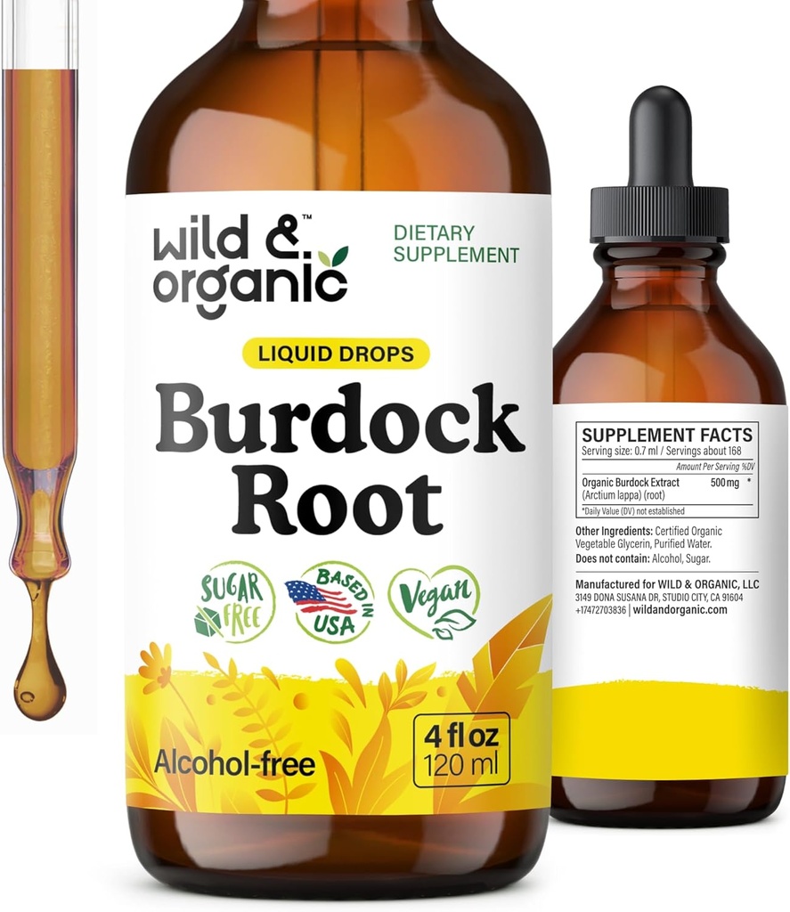 Wild & Organic Burdock Root Tinktúra - Folyékony kiegészítés antioxidáns, méregtelenítő, emésztőrendszeri támogatás - Burdock Root Herb cseppek - Vegán, Sugar & Alcohol- Free - 4 fl oz