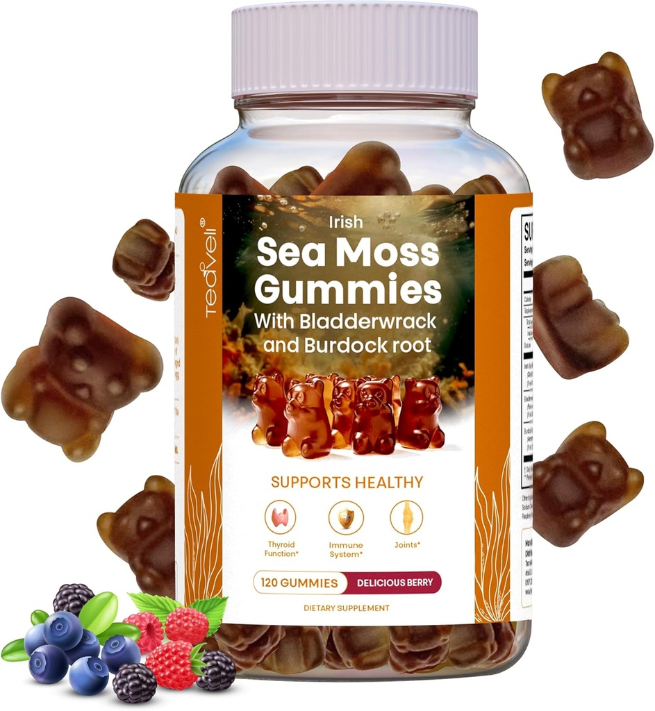 Pastilhas de musgo do mar Irlandês– 120 Delicious Berry Vegan Seamoss Gummies with Burdock Root, Seamoss & Bladderwrack – Vitaminas Gummy para apoiar uma tireóide saudável, Gut & Imune – para adultos e crianças