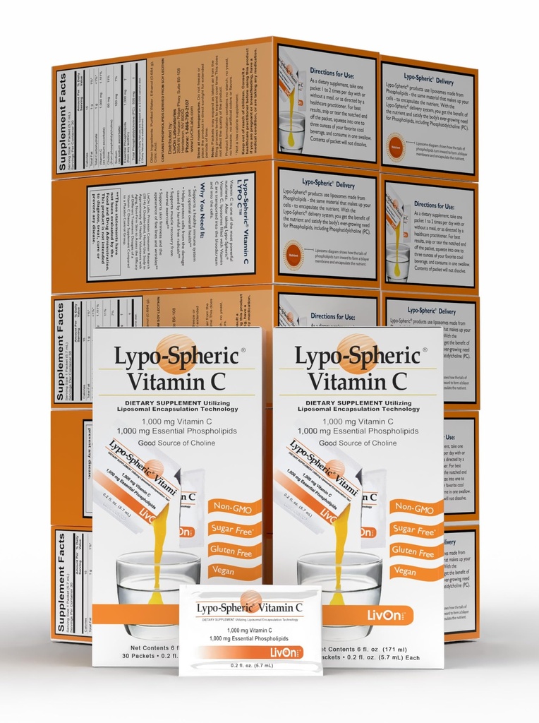 LivOn Laboratories - Lypo–Spheric Vitamin C – 1,000 mg Vitamin C & 1,000 mg Essential Phospholipids Per Packet – Liposome Encapsulated for Improved Absorption – Non–GMO - 12 Pack (360 Count)