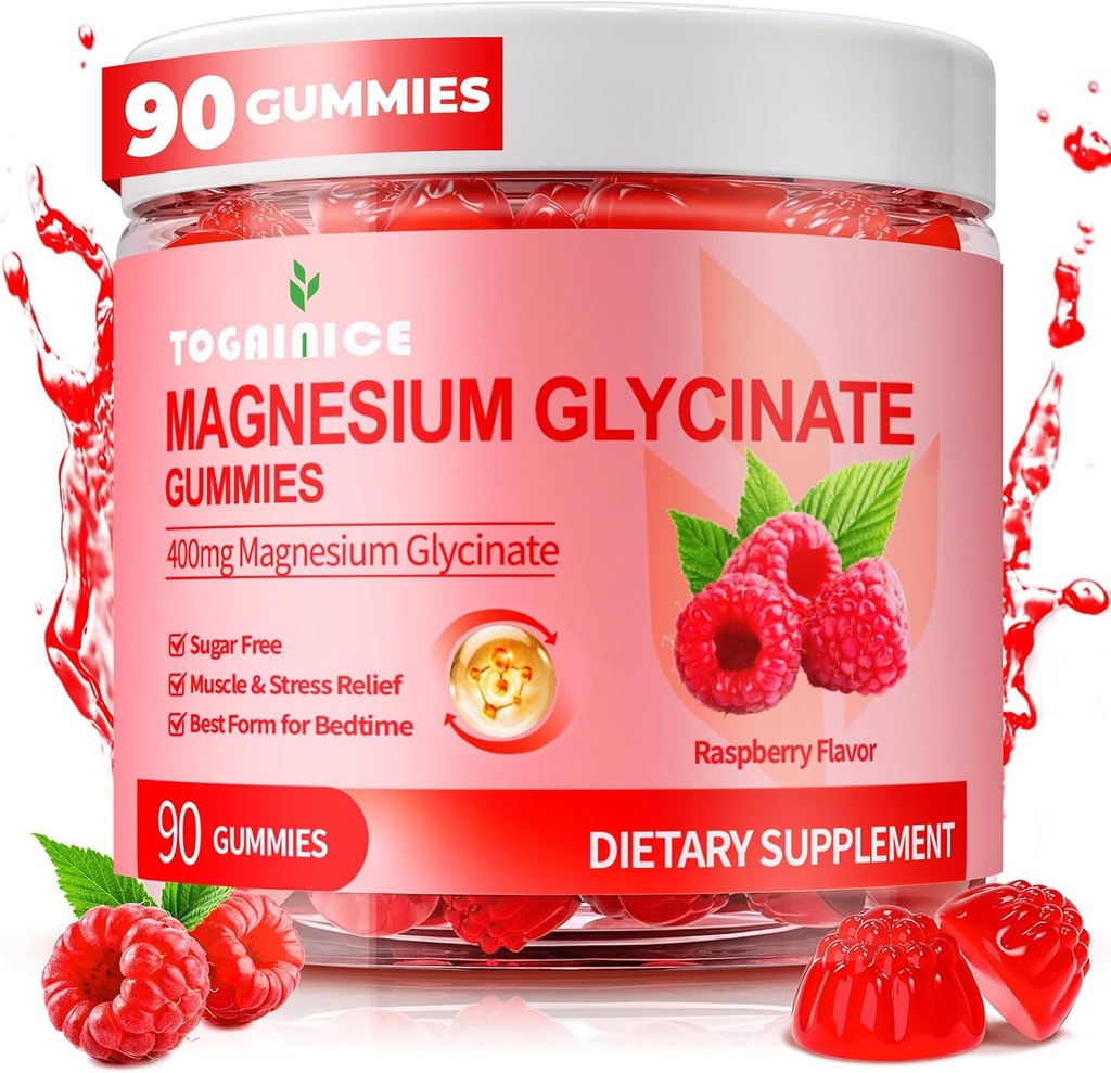 Magnesi Glicinate 400mmg per a adults i nens 90 Ct Sugar Free Magnesi Gassi Magnesi suplementari per a Dones i homes, Sleep Mulale i Engergy,Raspber