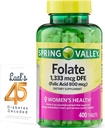 Folate 1,333 mcg. Spring Valley Folate Dietary supplement, 1,333 mcg DFE, 400 count, Folate supplement for Women Pregnancy, Folic Acid 800 Bundle with Luall's 45 Diabetes Decoded