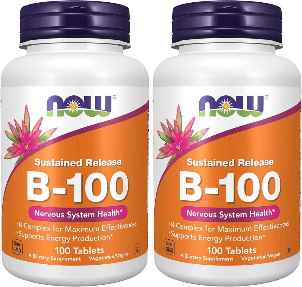 AHORA Suplementos, vitamina B-100, liberación sostenida, producción energética*, salud del sistema nervioso*, 100 Tabletas (Pack of 2)