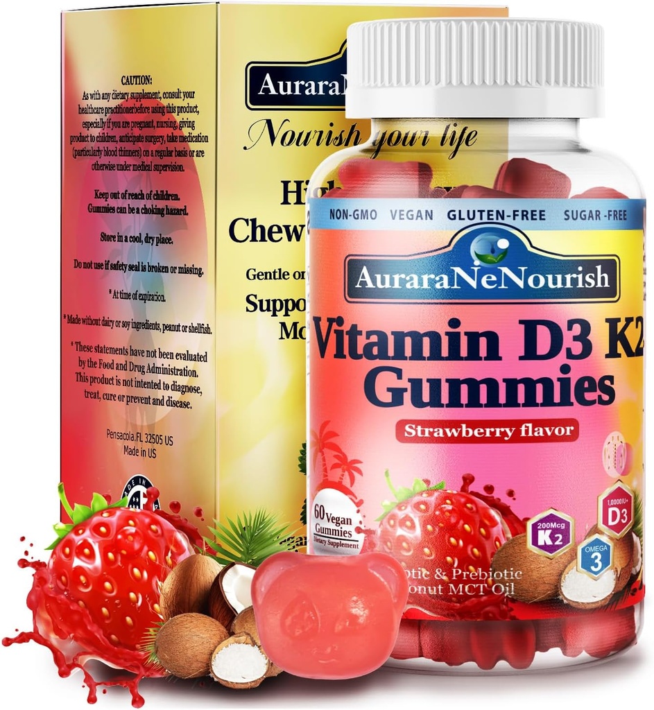 D3 K2 Βιταμίνη 10000 IU, Χωρίς ζάχαρη Βιταμίνη D3 K2 Gummies w. Pro & Pre, Μασώμενη Βιταμίνη D3 και K2 (MK-7) Συμπληρώματα για Οστά, Δόντια, Ανοσοποιητική, Καρδιά & Digest Υγεία, Απορρόφηση Ασβέστιου丨 Με βάση το Plant