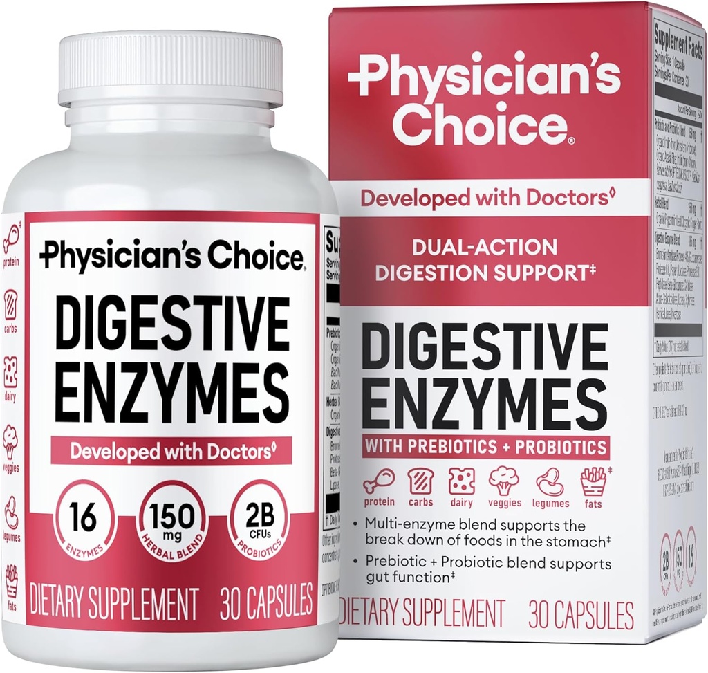 CHOICE Digestive Enzimas - Multi Enzimas, Bromelain, Prebióticos orgánicos e probióticos para a saúde Digestiva e Gut - Bloating & Meal Time Discomfort - Acción Dual - Todas as dietas - 30 CT