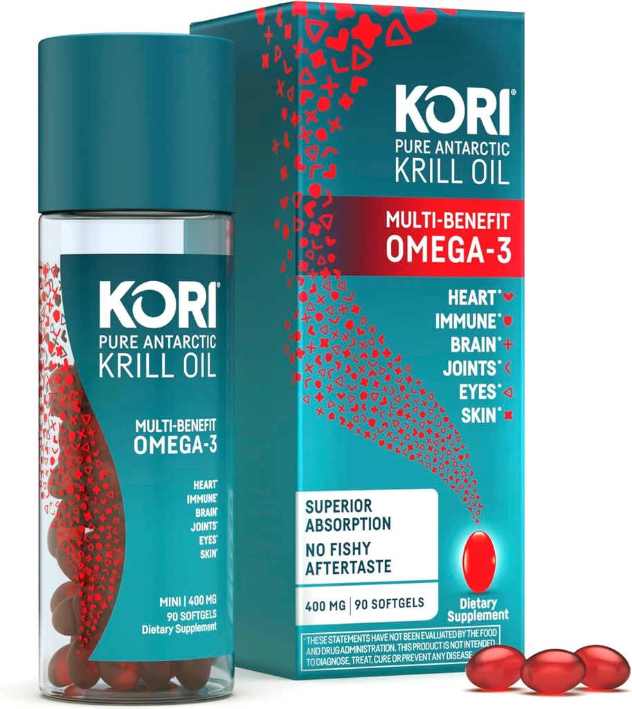 Kori Krill Oil Omega 3 Suplement, Olej kryla antarktycznego z Superior Absorption vs Fish Oil Alternative, 400 mg Softgels, 90 Softgels, EPA & DHA