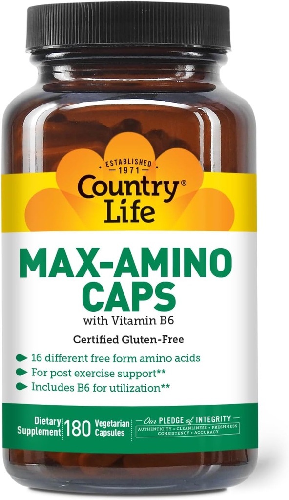 Country Life Maxi-Amino med 16 gratis form aminosyrer, 180 vegetariske kapsler, sertifisert Glutenfri, sertifisert vegetarisk