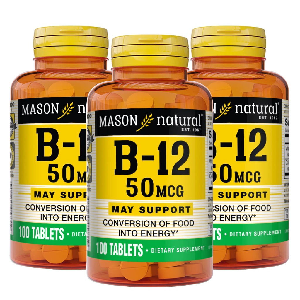 Mason Natural Vitamin B12 50 mcg with Calcium, 300,Day Supply, Dietary Supplement to Support Natural Energy Levels, 100 Tablets (Pack of 3)