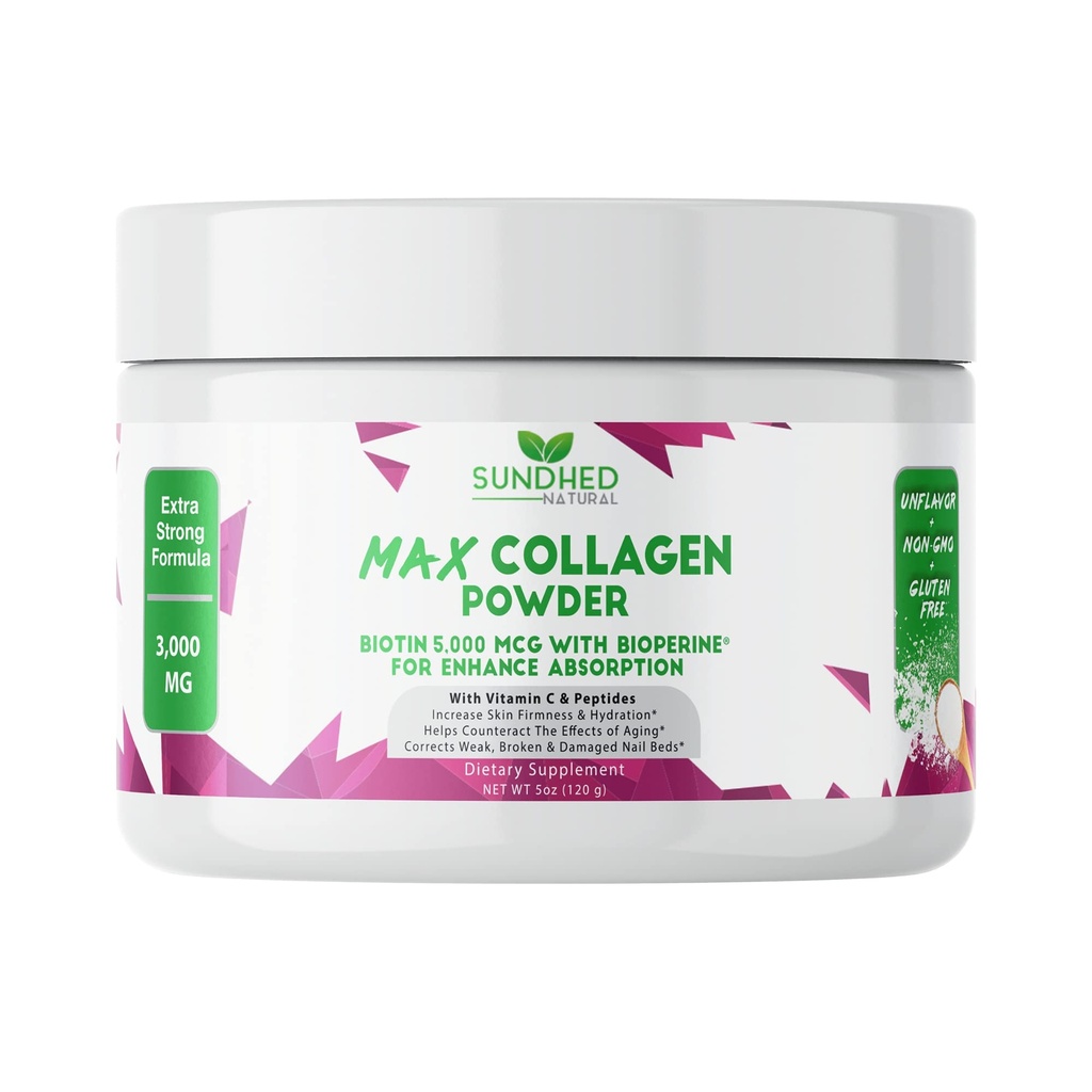 Max Collagen Plus C (30 Day Supply) - All Natural Collagen Powder with Biotin & Bioperine to Boost Anti Aging Hydration & Skin Firmness - 500mg Vitamin C - Strengthen Bones & Nails