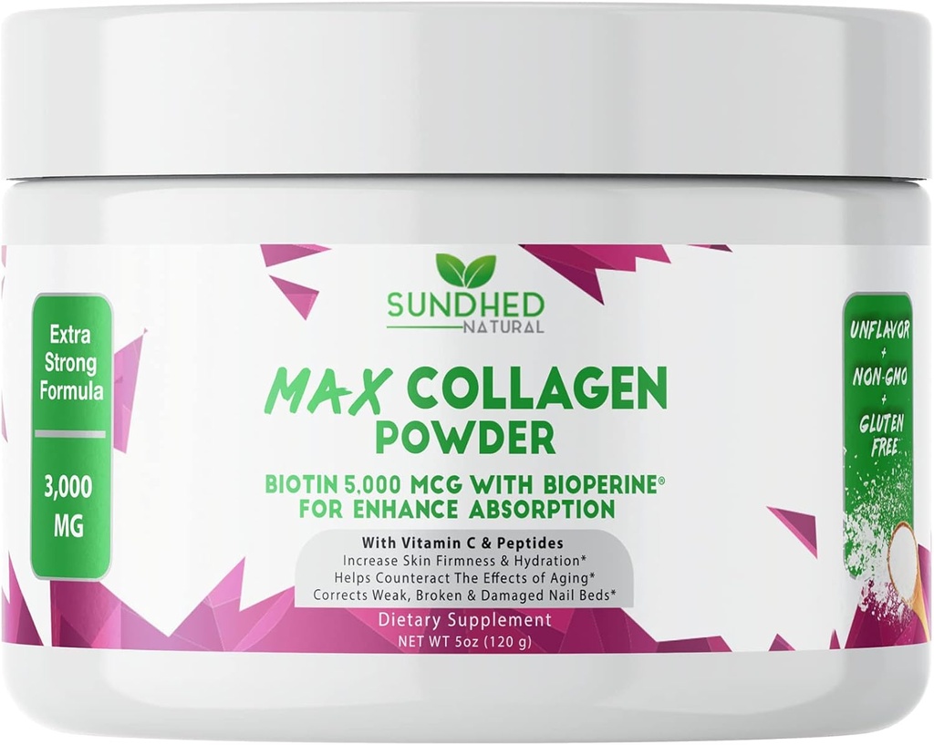 Max Collagen Plus C (30 Day Supply) - All Natural Collagen Powder with Biotin " Bioperine to Boost Anti Aging Hydration " Skin Firmness - 500mg Vitamin C - Strengthening Bones " Nails