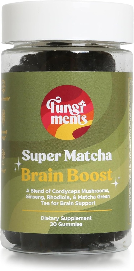 Fungiments Super Matcha - Jamur Cordyceps, Mushroom Green Tea Powder, Ginseng, Rhodiola - Daily Energy dan Endurance (30 Jamur Gummies)