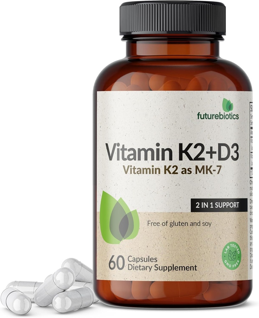 Futurebiotiki Vitamin K2 (MK7) z D3 dodatki - ne-GMO Formula - 5000 i.e. vitamin D3 & 90 μg vitamin K2 MK-7, 60 vegetarijanskih kapsul