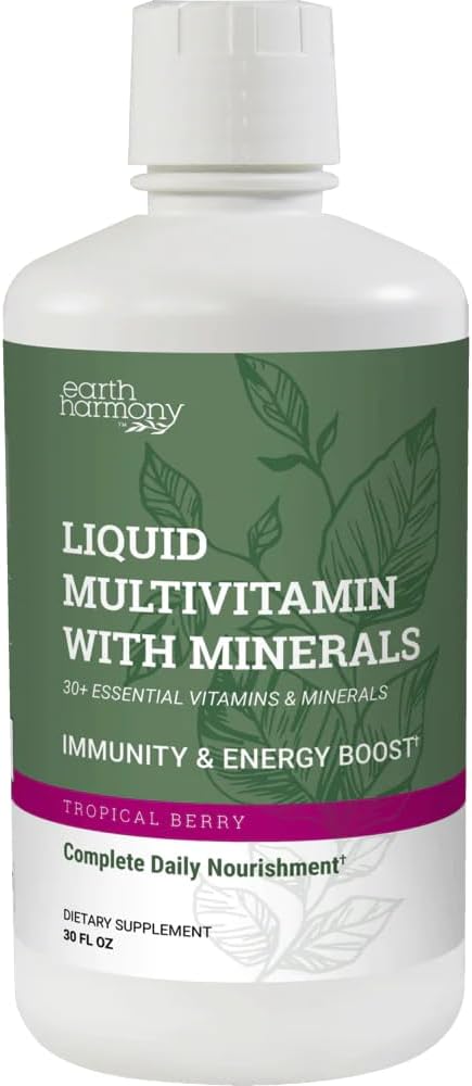 Earth Harmony Liquid Multivitamiinit naisten ja miesten (trooppinen marja maku) - 30 + nestemäiset vitamiinit, Minerals & Organic Antioxidant Blend - Morning Multivitamiini immuuni tukea ja energiaa - 32 Fl Oz