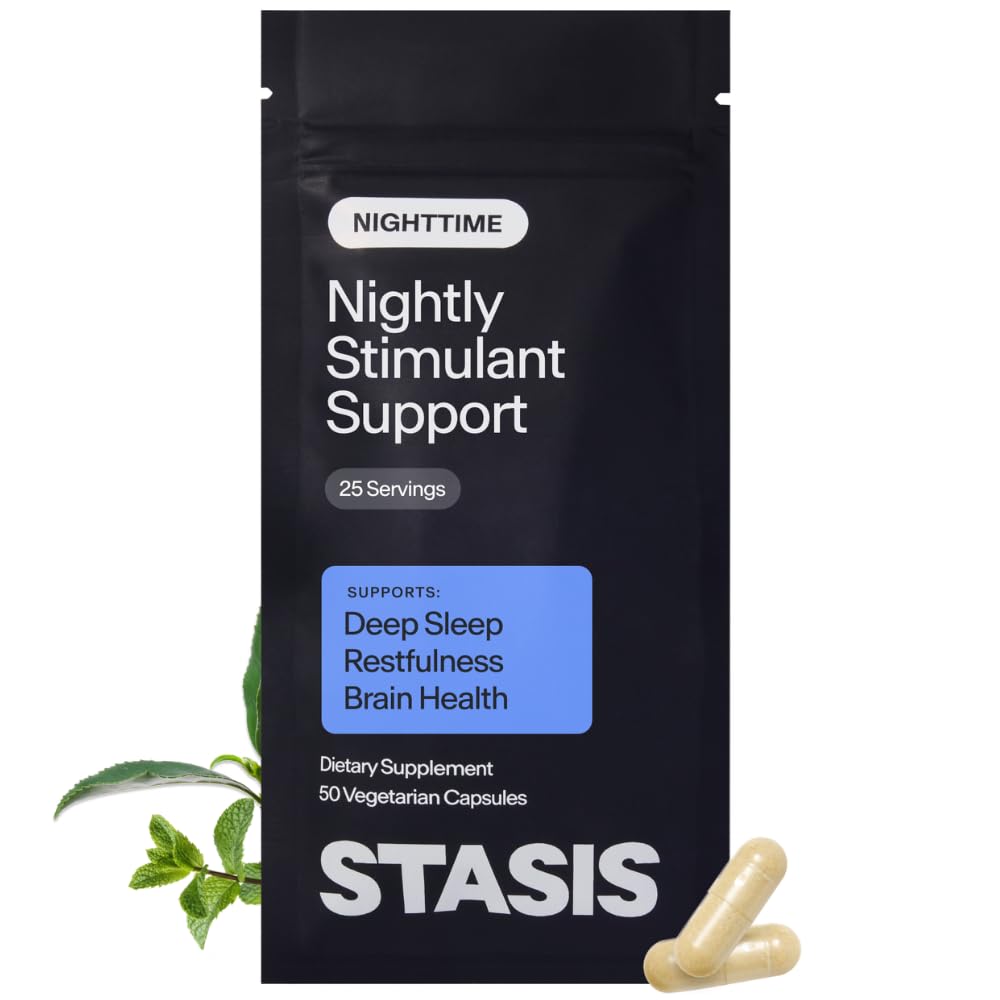 STASIS Nighttime Stimulant Support Supplement for Adults with Magnesium Bisglycinate, Melatonin, L Theanine & Venetron, Evening Routine Capsules for Sleep, Calm, Recovery Support, Vegan, 25 Servings