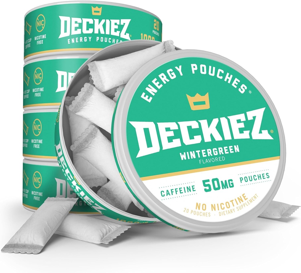 Deckiez Energy Pouches, 5 Cans (100 Hizmet) , Sugar Free Caffeine Supplement, Kahve Pouches & Energy Drink Alternative, 50 mg Caffeine Pouches, Wintergreen Flavorine Pouches,