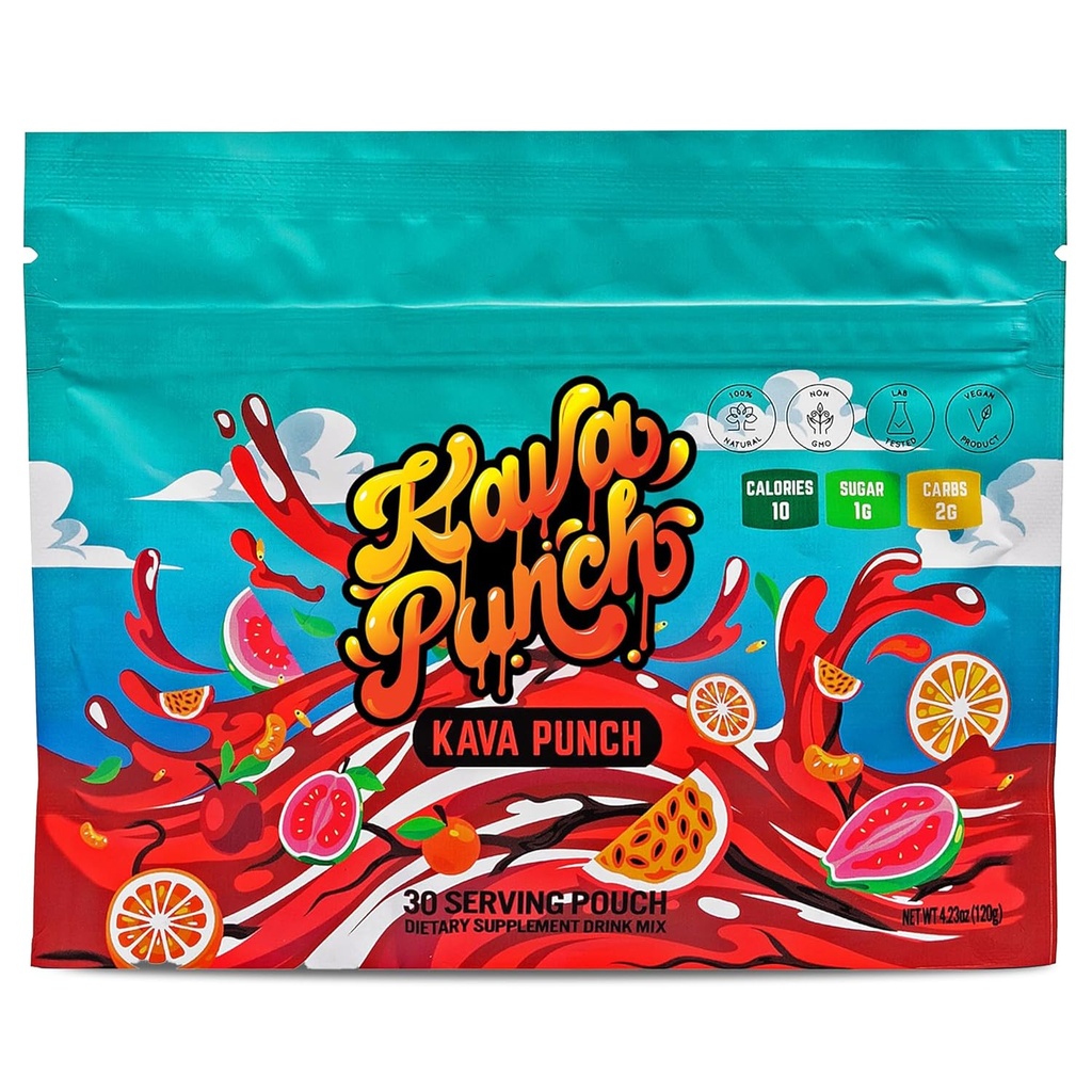 Kava Punch Relaxation Power – 30 Service Pouch with Premium Kava Kava Extract – 每日压力救济补编 – 非酒精,低卡路里,健康饮用混合 – 与巴斯的酒精替代饮料