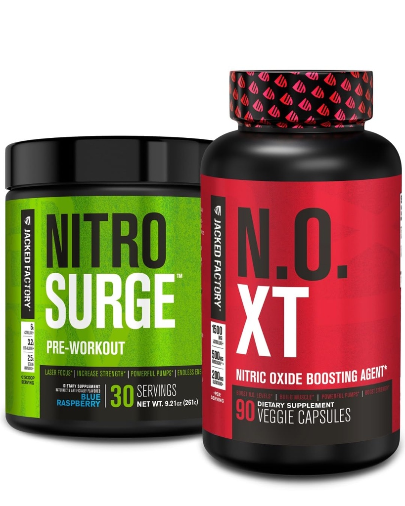 Jacked Factory Nitrosurge Pre-Workout in Blue Raspberry & N.O. XT Nitric Oxide Booster for Men & Women