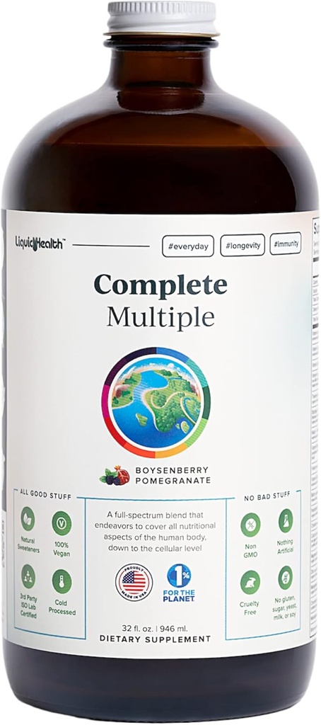 LIQUIDHEALTH Complete Multiple Adult Liquid Multiвитамини - Витамини, минерали и хранителни вещества, Имунна поддръжка, здраве на червата, енергия, Detox - Произведено в САЩ, Веган, Non-GMO, Sugar-Free (32 oz)