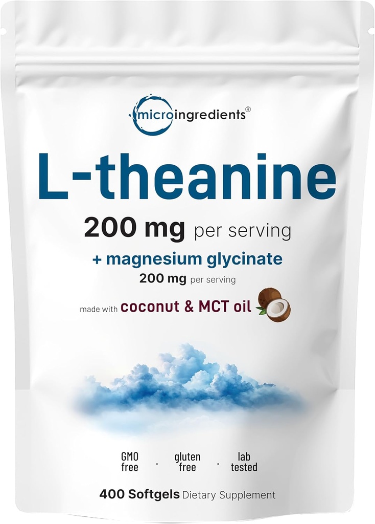 L-Theanine 200mg med Magnesium Glycinate, 400 Coconut MCT Oil Softgels | Relaxation, Focus & Muscle Support Supplement | 2-i-1 Amino Acid & Mineral Complex | Gentle Care All Day & Night