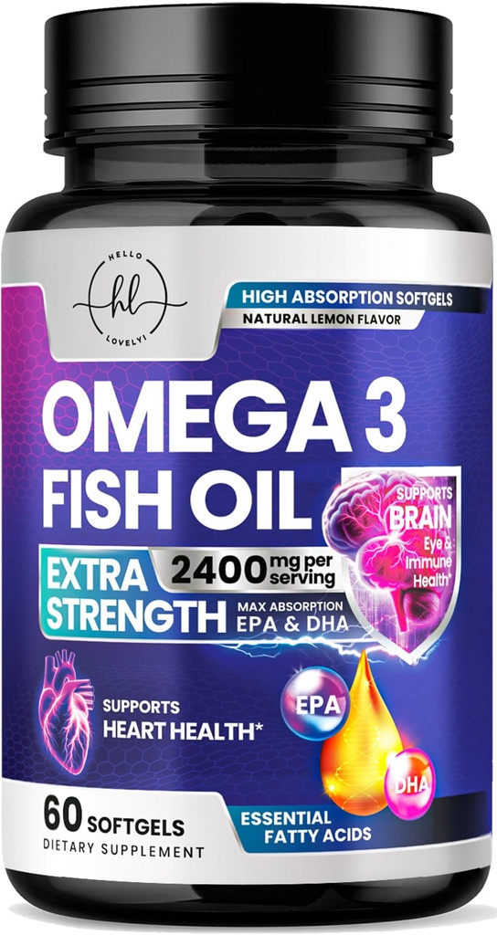 Omega 3 Fish Oil Supplements - 2400mg Fish Oil Per Serving - Triple Strength Omega-3 with EPA & DHA Fatty Acids - Natural Heart, Brain & Immune Support - Wild Caught, Bottled in USA - 60 Softgels