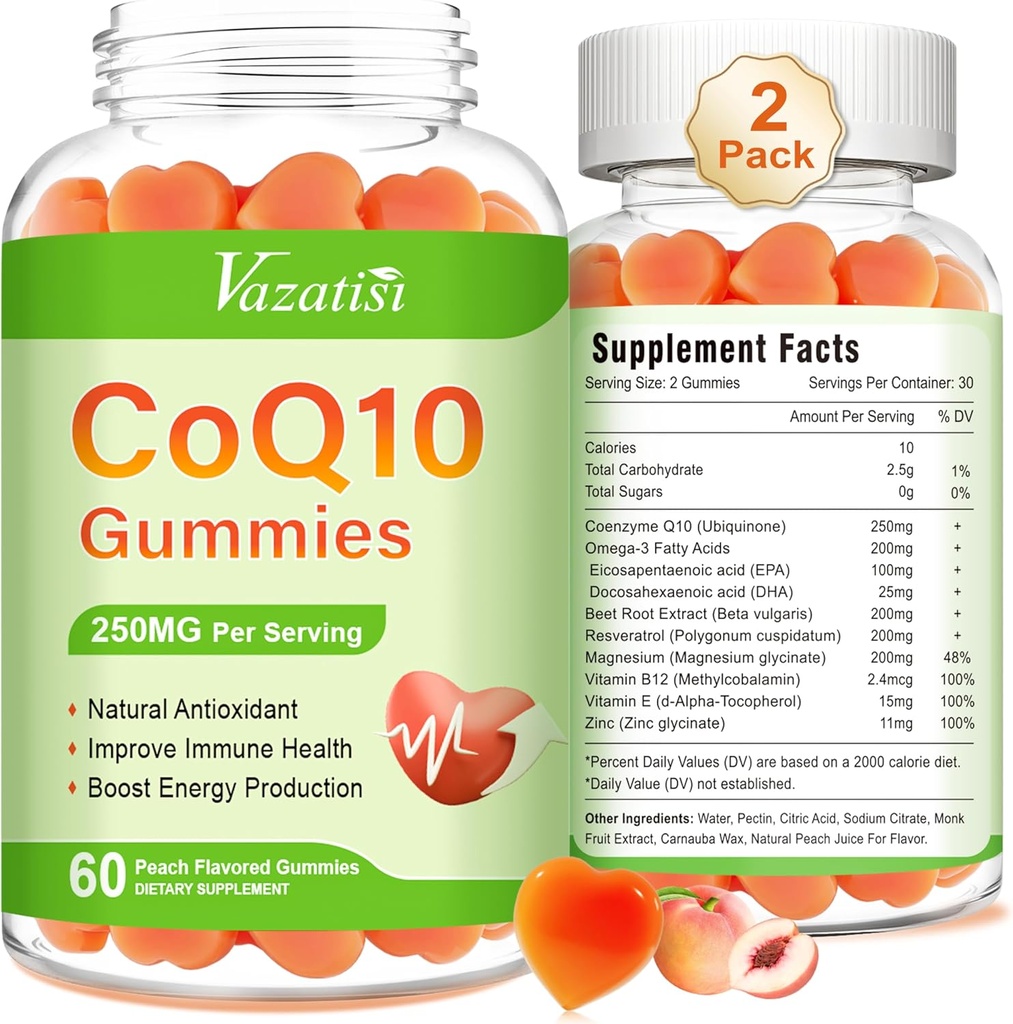 2 Pack CoQ10 Gummies 250 mq, Plus Omega-3, maşın, Cellular Energy, Brain & Antioksid üçün Vitamin B12, 5X Better Aboreksiya Coenzyme Q10 T - 120 Cts