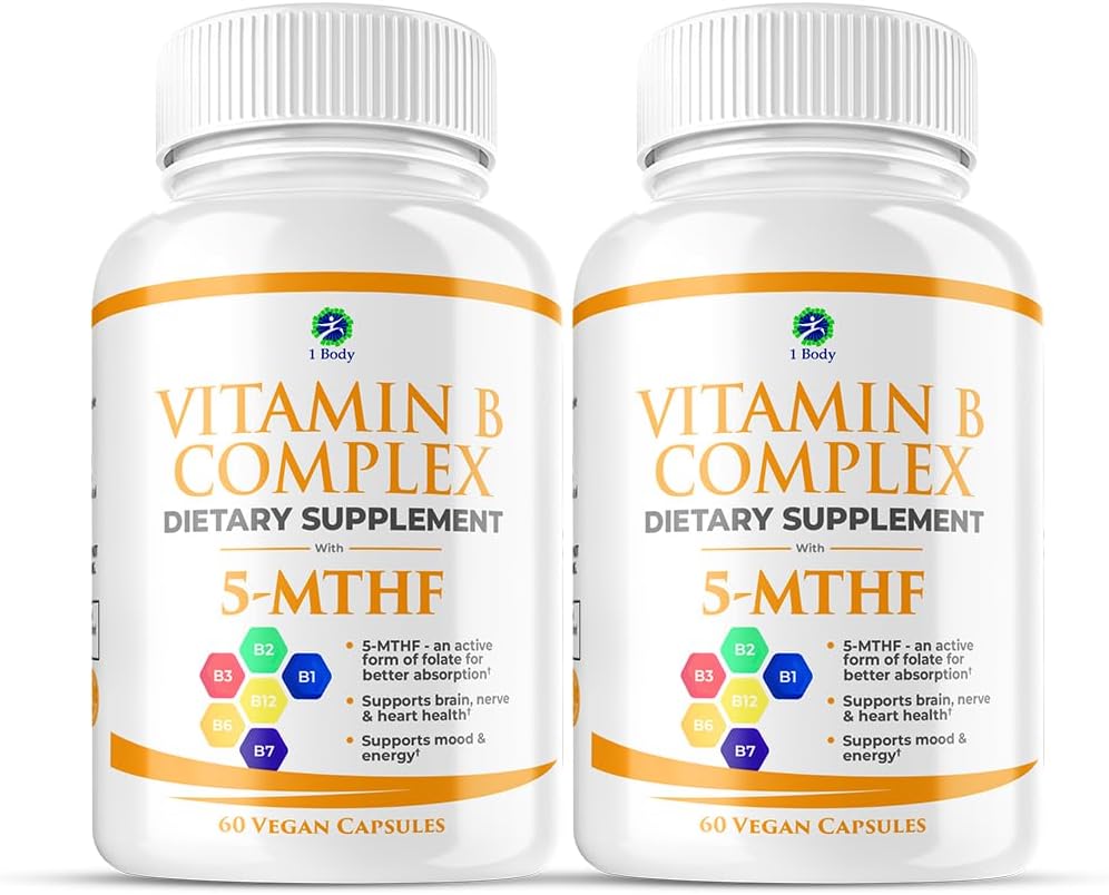 1 Body Vitamin B Complex Twin Pack - 5-MTHF folat med B1, B2, B5, B6, Methyl B12, Niacin, Biotin - 60 kapslar