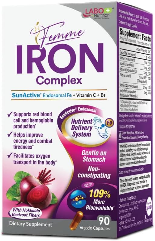 Labo Nutrition Femme Iron Endosomal SunActive, non-iritant 15mg Supliment de fier pentru Blood Builder, Vegan, blând, fără gust metalic, non constipat, ideal pentru stomac sensibil, 90 Conte