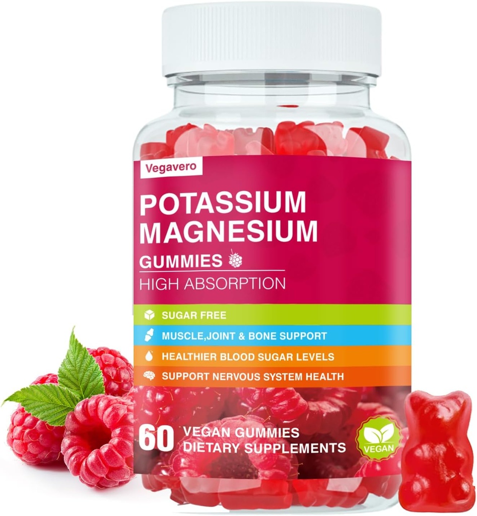 Potasium Magnesium Gummies - Cao kiến trúc Magnesium Glycinate & Potassium Cirate Plus Coenzyme Q10, DHA, D3, Mineral & Calcium cho Zzz, Leg Cumps & Kimpberry - 60 Raspberry Gummies