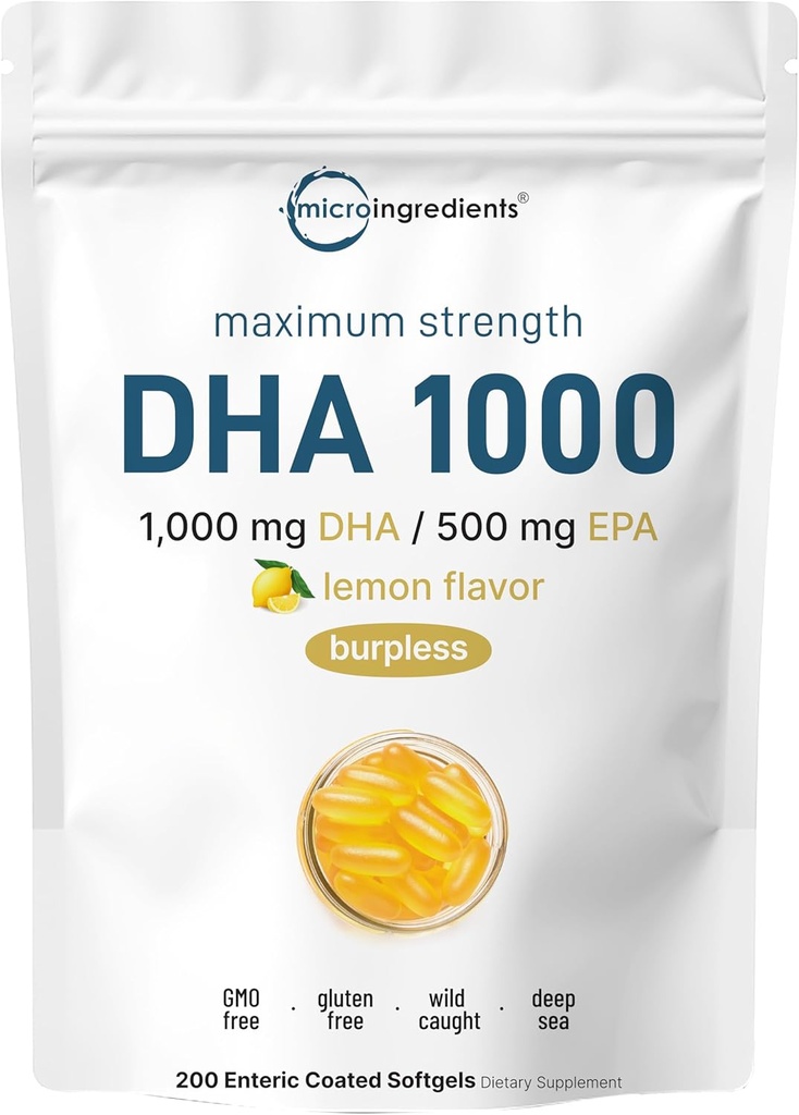 Omega 3 Dầu cá DHA bổ sung 1000mg với hệ thống EPA 500mg, 200 Softgels – Lemon Flavored, Burpless (Cunt Coated)  tôm biển tươi, bắt từ Thủy ngân Na Uy