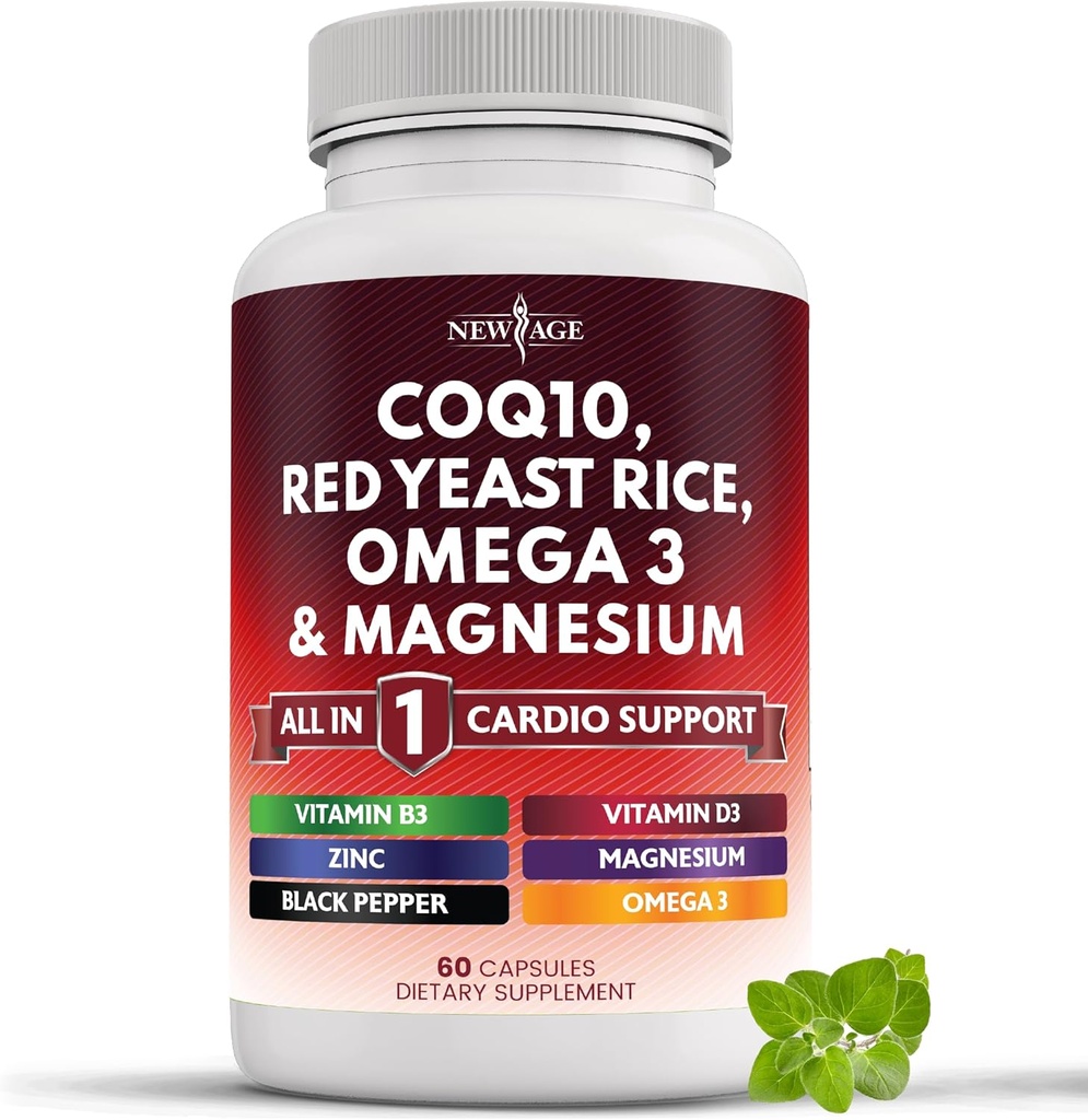 NEW AGE COQ10 200mg Red Gær Rice, Omega 3, Magnesium Complex, Zink Vitamin K2 D3 - Heart Health Support Vitaminer til kvinder og mænd med vitamin B3, Coenzym Q10- 60 Greve