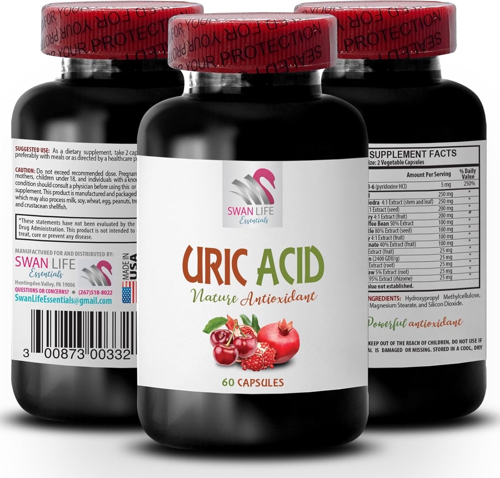 Natural Ways to Lower uric Acid - URIC Acid - Supplements for uric Acid, Supplements to Lower uric Acid, Pomegranate Extract, Tart Cherry Juice, Tart Cherry Capsules, Tart Cherry Extract 1Bot 60Caps
