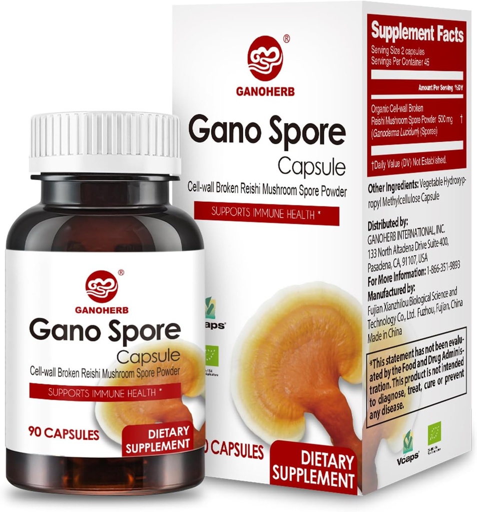 Organic Reishi Mushroom Capsule con 100% Ganoderma Lucidum Reishi Spore Polvere per Boost Immune System, Vegan, Tutto Naturale, Non OGM & Gluten Free, 60 capsule vegetali