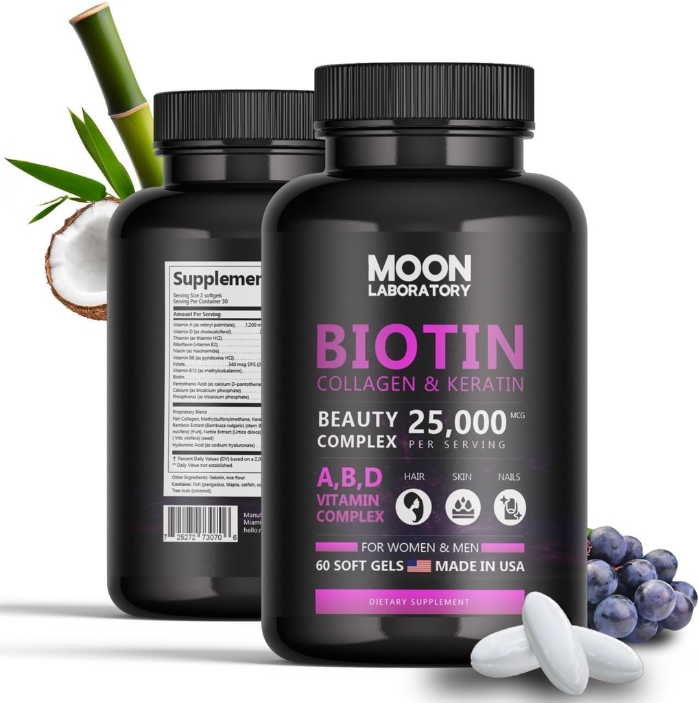 Premium Biotin 5.000 mcg Beauty Complex mit Kollagen, Keratin, Hyaluronsäure, Vitamin A, D3, B-Komplex, Calcuim & Kokosöl. Haarwachstum, Nägel, Haut. Für Männer & Frauen. 60 Softgels