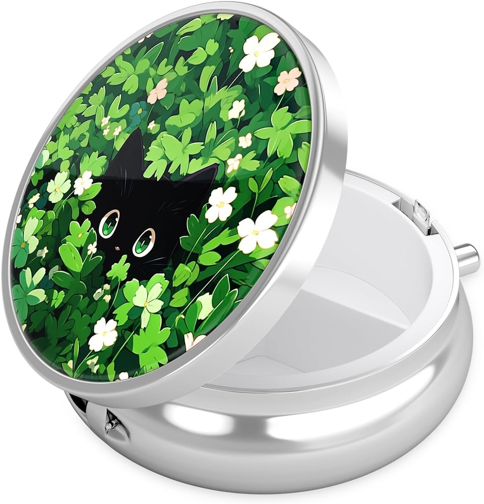 Nipichsha Pill Box, Small Pill Case for Purse & Pocket, Cute Travel Medicine Organizer, Portable Medicine Container Holder för att hålla vitaminer, Medicinering, Fish Oil & Supplement, Green Leave Cat