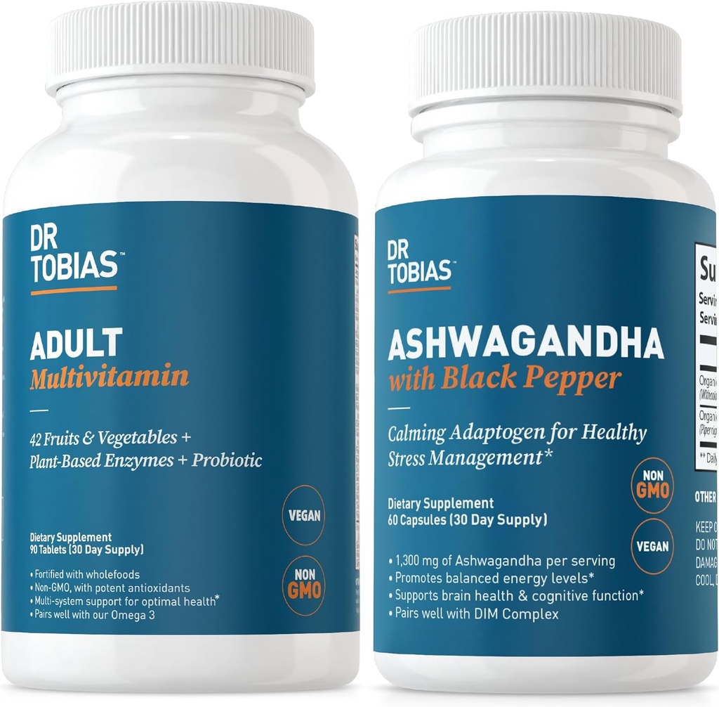 Dr. Tobias Adult Multivitamins og Ashwagandha Capsules, støtte generell velvære og balansert energi og resiliens, vegansk, ikke-GMO