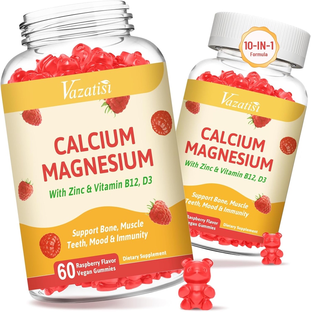 2 Pack Calcium Gummies עם Magnesium, Zinc, ויטמין D3 & B12, Calcium תוספי עבור נשים גברים, תמיכה בעצמות, שרירים ו Immunity, 120 חניכיים פטל טבעונית